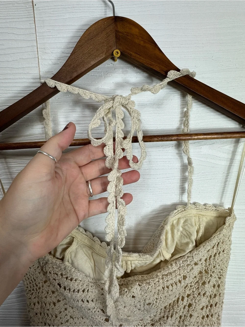 Free People Cream Crochet Halter Maxi Dress Boho Slit Beachy Vacation Resort